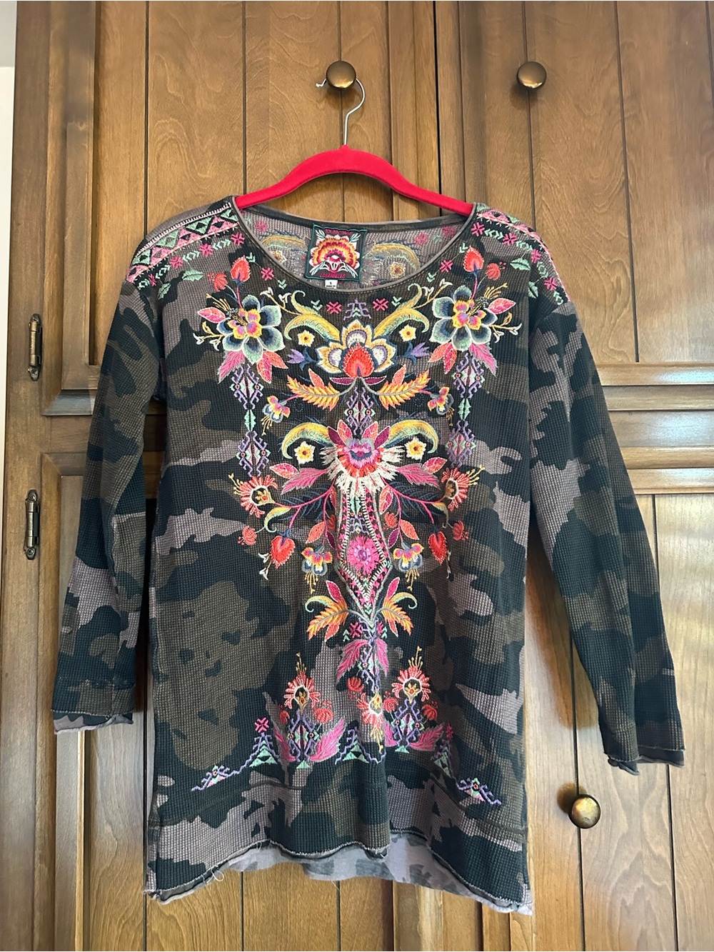 Johnny Was Multicolor Embroidered Camo Long Sleeve Top